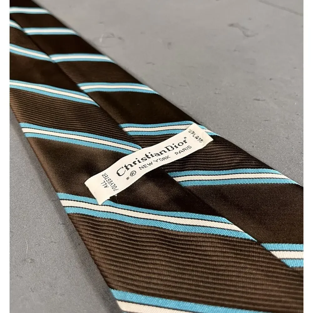 Vintage Christian Dior Tie Mens Brown Teal White Striped Polyester Regular Width